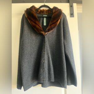 Lauren by Ralph Lauren wool blend with cashmere sweater with faux fur collar.